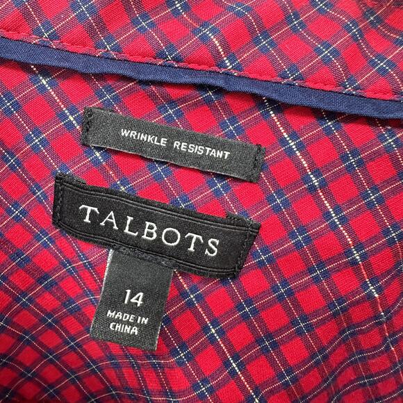 Talbots Blouse Womens 14 Red Blue Plaid Button Up Wrinkle Resistant Metallic - Picture 2 of 9
